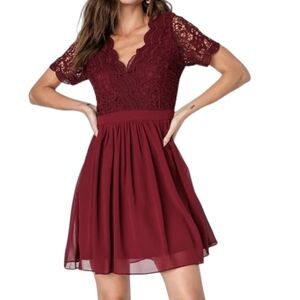 LULUS Angel in Disguise Burgundy Lace Skater Dress NWT wedding guest